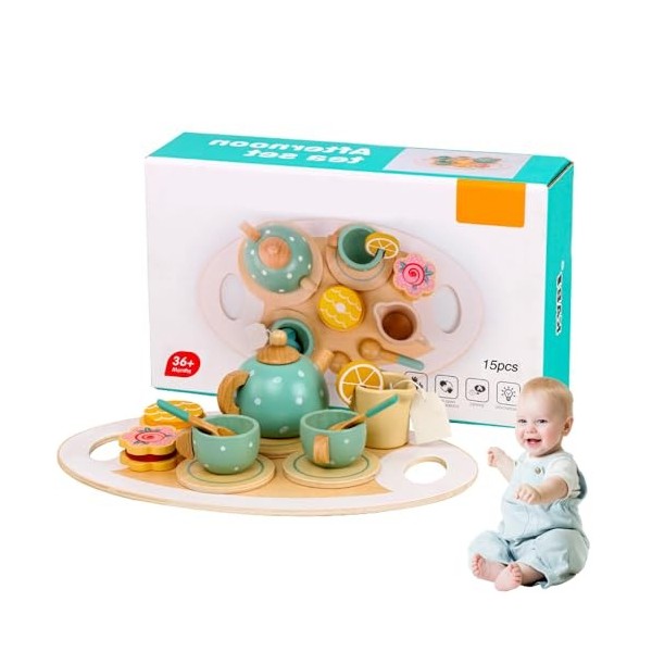 DAJASD Service à thé en bois pour enfants - Accessoires de cuisine pour enfants - Service à thé en bois avec dessert - Kit de