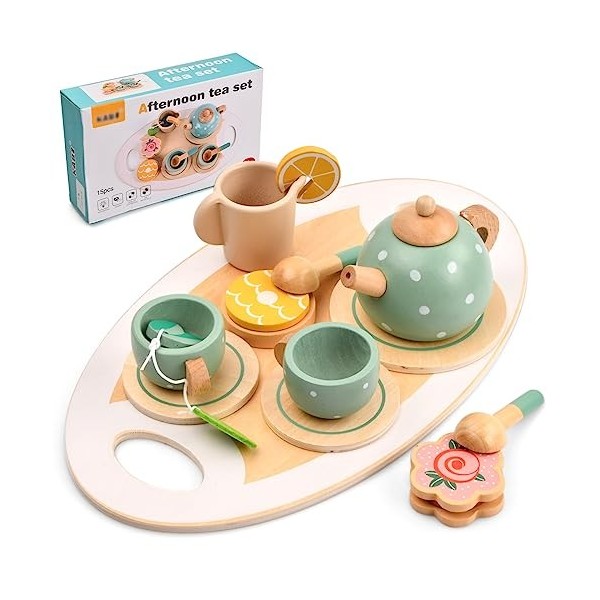 15 Pcs Service à Thé Jouets en Bois pour Enfants, Enfant Jouet de Cuisine Accessoire ave Plateau Tea Party Jeux de Rôle Anniv