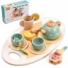 15 Pcs Service à Thé Jouets en Bois pour Enfants, Enfant Jouet de Cuisine Accessoire ave Plateau Tea Party Jeux de Rôle Anniv