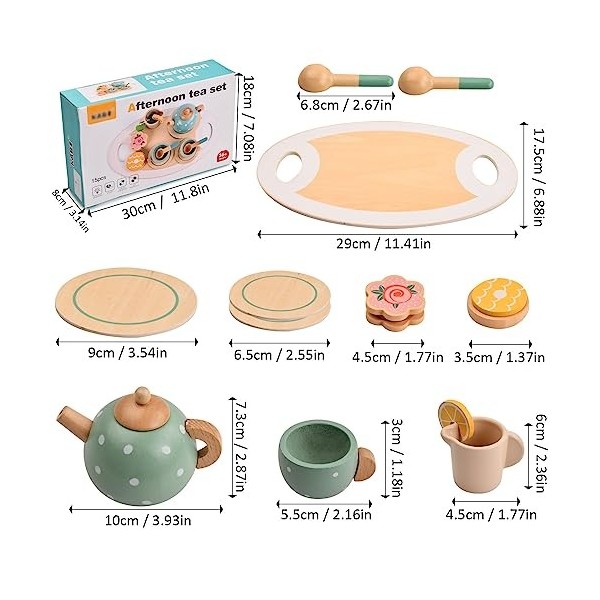 15 Pcs Service à Thé Jouets en Bois pour Enfants, Enfant Jouet de Cuisine Accessoire ave Plateau Tea Party Jeux de Rôle Anniv