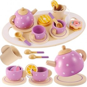 AOLEVA Service à Thé Jouets en Bois pour Enfants, Dînette Enfant Jouet de Cuisine Accessoire ave Plateau Anniversaire Cadeau 