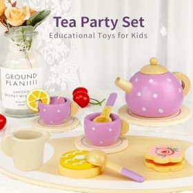 AOLEVA Service à Thé Jouets en Bois pour Enfants, Dînette Enfant Jouet de Cuisine Accessoire ave Plateau Anniversaire Cadeau 