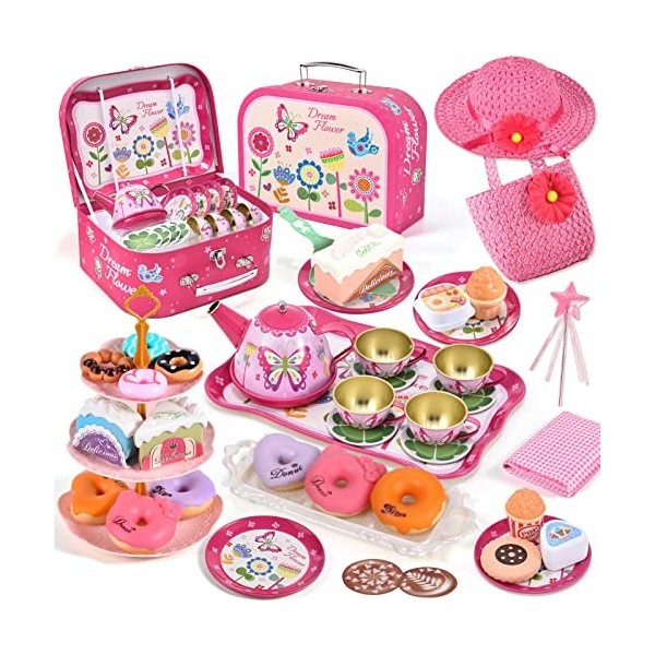 Tacobear 48pcs Service à Thé Enfant Dinette Métal avec Gâteau Jouet Étain Théière Nappe Coffret Fleur Jeux de Cuisine Jeux d