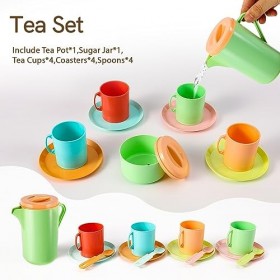 HERSITY Service à Thé Enfants Tasse de Thé Jouet, Accessoires Cuisine Enfant avec Assiettes Couverts Jouet Théière, Dinette E