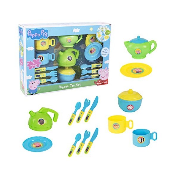 HTI Peppas Tea Set, Peppa Pig Roleplay, Includes Teapot, Kettle, Sugar Bowl, Cup & Saucers and Cutlery for Ages 3+
