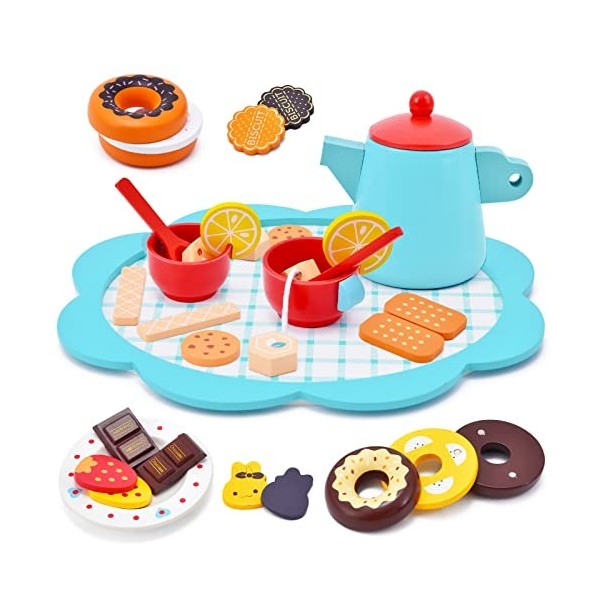 Atoylink Services à thé Jouet en Bois Jouet de Dessert Cuisine en Bois Enfant avec Théière Tasses Donuts Magnétiques Biscuits