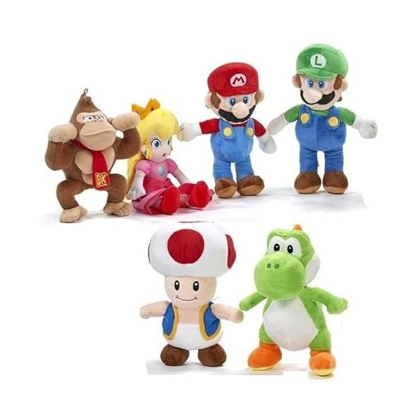 Whitehouse Super Mario et ses amis Peluche 6 personnages différents, 20 cm, peluche Mario, Luigi, Kong, Toad, Yoshi, Princess