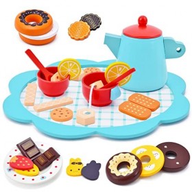 Atoylink Services à thé Jouet en Bois Jouet de Dessert Cuisine en Bois Enfant avec Théière Tasses Donuts Magnétiques Biscuits