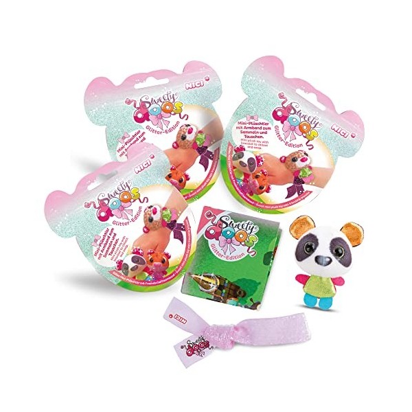 NICI Sweetydoos Glitter Edition – Peluches Surprises avec Effet UV, Poster Scintillants-3 des 9 Mini Figurines avec Bracelet 