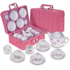 Jewelkeeper - Service à Thé en Porcelaine avec Panier pour Petites Filles, Dînette pour Enfants, 13 pièces - Design Floral