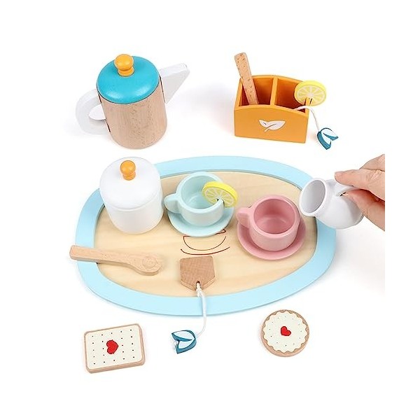 KABENFIS Jouet de Service à thé en Bois Faisant Semblant de Jouer avec la Nourriture Mini Cuisine Kids Tea Party Set