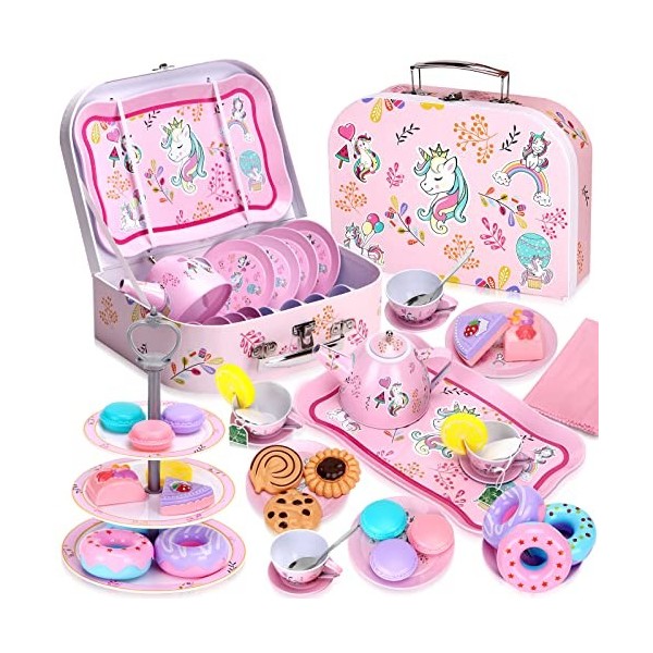 Auney Service à Thé pour Enfants 36 Pcs, étui de Transport Licorne, Jeu de Simulation pour Filles, Service à Thé en étain ave