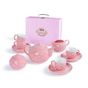 fanquare Service à Thé en Porcelaine 12 Pièces pour Adultes, Petites Filles, Pois Roses, Ensemble à Thé de laprès-midi avec 