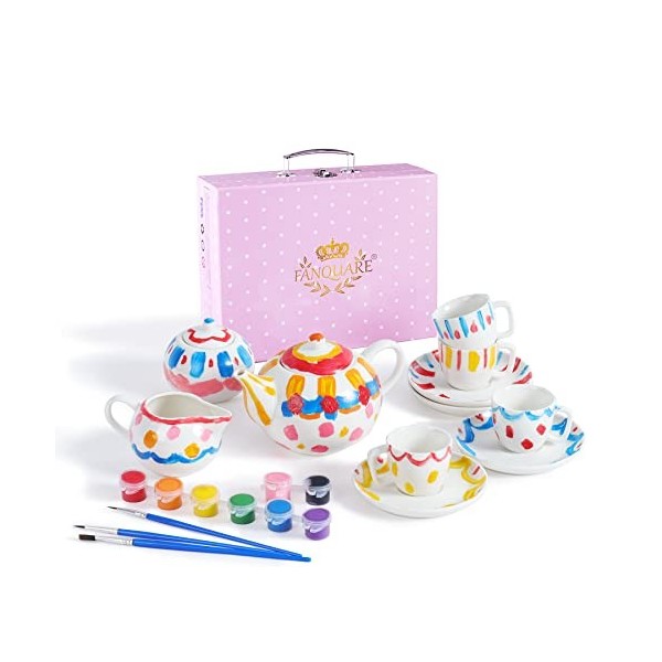 fanquare Service à Thé en Porcelaine 12 Pièces pour Adultes, Petites Filles, Pois Roses, Ensemble à Thé de laprès-midi avec 