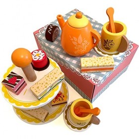 bee SMART Service à thé en Bois Enfants Jouet de Cuisine - Jouet en Bois pour Enfants - Afternoon Tea Set avec Support à gâte