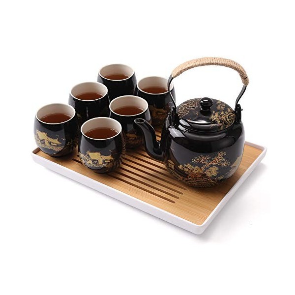 DUJUST Service à thé japonais - 8 pièces, service a the en porcelaine avec 1 théière, 6 tasses à thé et 1 plateau à thé, thei