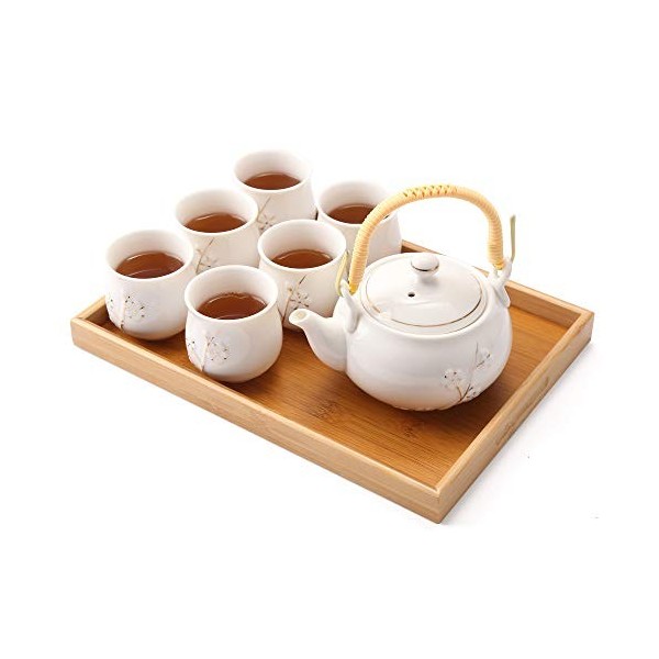 DUJUST Service à thé japonais - 8 pièces, service a the en porcelaine avec 1 théière, 6 tasses à thé et 1 plateau à thé, thei