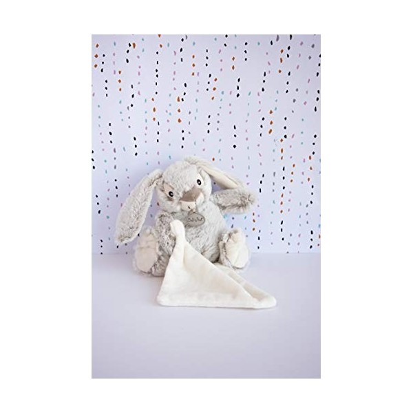 BABY NAT - Peluche Lapin avec Doudou Mouchoir - 15 cm - Gris - Idée Cadeau Naissance - Doudou Lapin Malow pour Bébé et Enfan