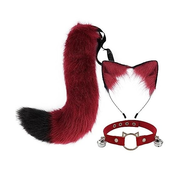 3PCS Halloween Bandeau Oreilles de Chat avec Queue de Renard Cosplay, Serre-tête Oreilles de Chat Peluche Renard Col de Cloch