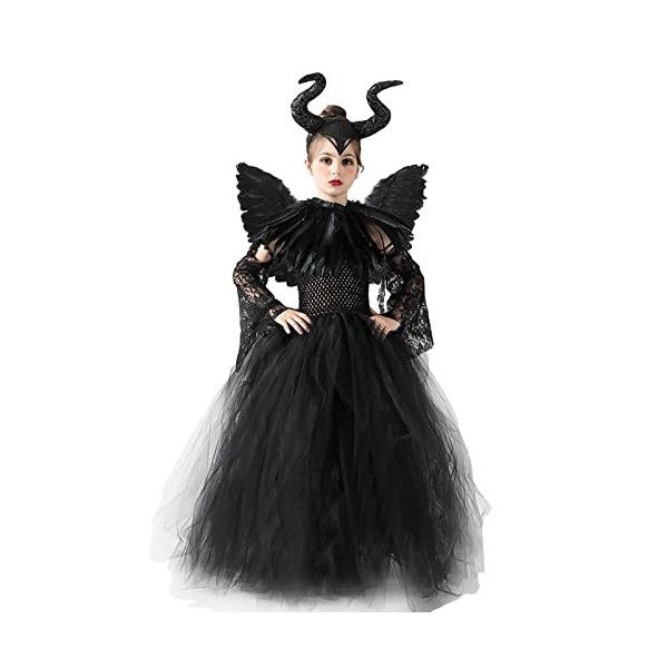 Costumes dhalloween pour Filles, Sorcière Maléfique Reine Maléfique Robe en Tulle Tricoté avec Corne Et Ailes Noires Ensembl
