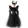 Costumes dhalloween pour Filles, Sorcière Maléfique Reine Maléfique Robe en Tulle Tricoté avec Corne Et Ailes Noires Ensembl