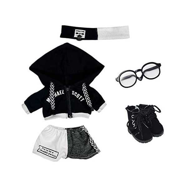 niannyyhouse Vêtements de poupée en peluche ample noir et blanc de 20 cm, couvre-chef, sweat à capuche, pantalon, lunettes, b