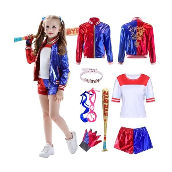 Amycute Déguisement Harley Squad Costume Fille, Cosplay Joker Girls Costume Sweat-Shirt Manteau T-Shirt Short Gants pour Enfa