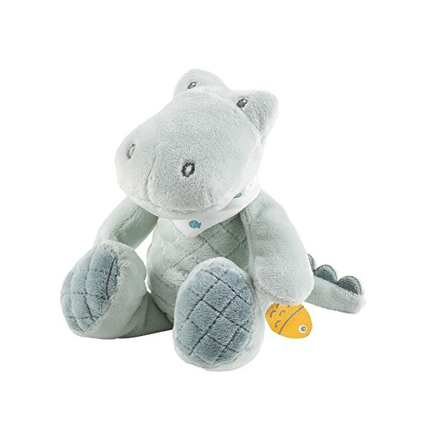 Nattou Mini-Peluche en Polyester, Roméo Le Crocodile, Hochet intégré, env. 20 cm, Roméo, Jules et Sally, Bleu Clair