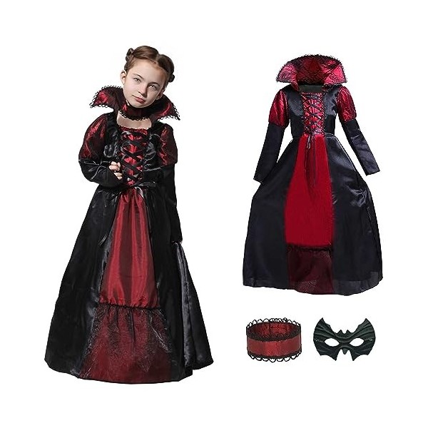 Vampire Deguisement Enfant Fille 5-12 ans Deguisement Vampire Fille avec Masque Costume Vampire Enfant Déguisement Vampire Fi
