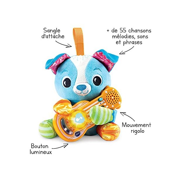 VTech - Tango, Ptit Chien Musicien, Peluche Chiot Bébé avec Guitare Interactive, Éveil Musical, Jouet Poussette, Siège Auto 