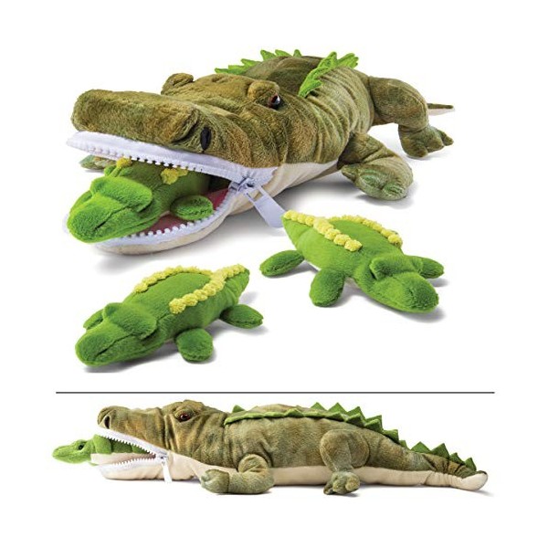 PREXTEX Set de Peluches Crocodile en Peluche avec 3 Petits Bébés Crocodiles en Peluche Set avec Poche de Rangement à Fermetur