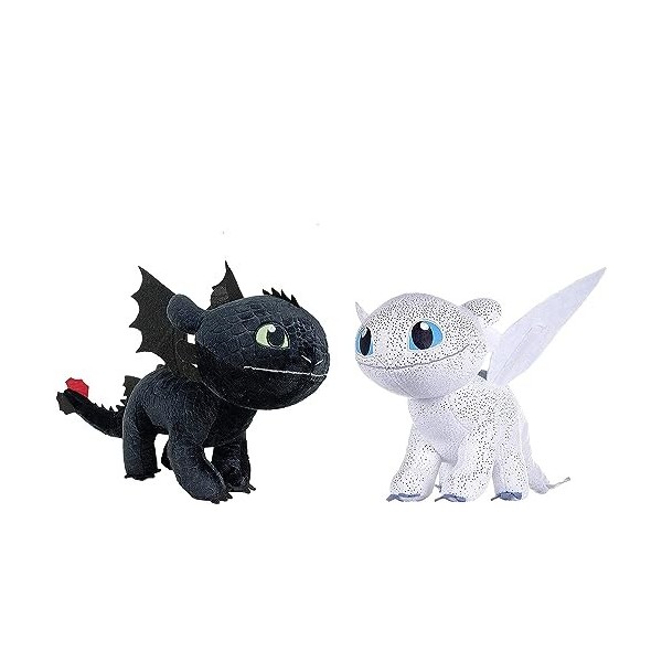 HTTYD Dragons, How to Tran Your Dragon Pack 2 Peluches Furie Blanche  Light Fury + Toothless Night Fury Noir - Qualité Super