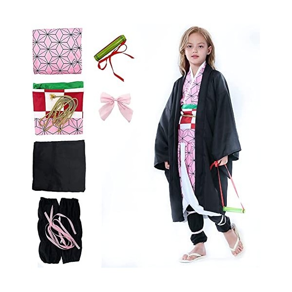 Firecos Nezuko Tanjiro Costume Cosplay Déguisement Kamado Vêtements de Kimono Cosplay Anime Costume pour Enfants pour Hallowe