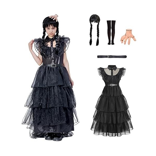 Costume Cosplay Mercredi Addams, Robe + Ceinture + Perruque, Pour Fille