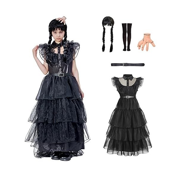 ZUCOS Mercredi Costume pour filles Costume dHalloween Fête Cosplay Spectacle de scène Robe en tulle 10-12 ans