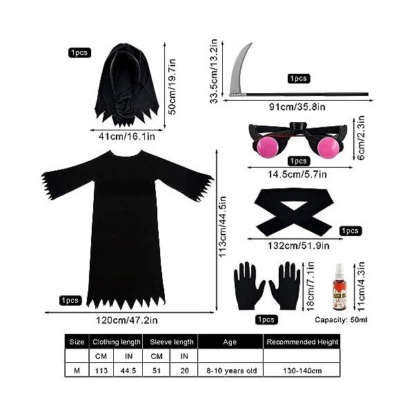 Costume Halloween pour Enfants,Costume de Faucheur avec Yeux Brillants,Faucille,Gants,Faux Sang,Capuchon,Déguisement de Fantô