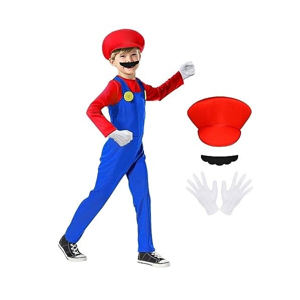 ACWOO Déguisement pour Enfants, Mario Luigi Costume de Cosplay, Enfant Fille Garçon Déguisement avec Combinaison, Bonnet, Bar