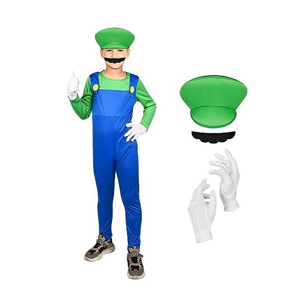 ACWOO Déguisement pour Enfants, Mario Luigi Costume de Cosplay, Enfant Fille Garçon Déguisement avec Combinaison, Bonnet, Bar