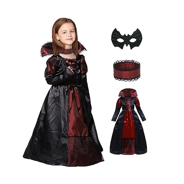 ATOWORLD Déguisement Vampire Fille 7 8 9 ans Enfant Costume Vampire Fille Robe Noire Halloween Enfant Vampire Deguisement Hal