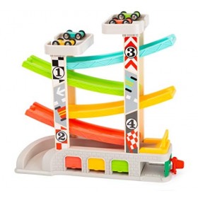 Small Foot- Circuit de Course avec Parking et garages, Jeu de 4 étages, Quatre Voitures et Une Station Service, à partir de 3