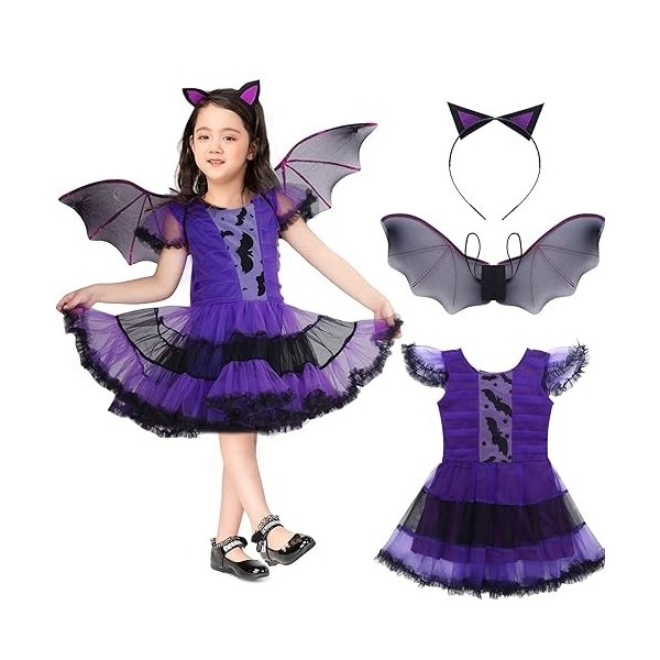 Huifengjie Déguisement Chauve Souris Enfant,Halloween Deguisement Chauve Souris Fille,Costume Halloween Enfant avec Ailes et 