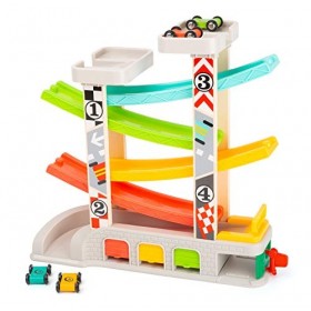 Small Foot- Circuit de Course avec Parking et garages, Jeu de 4 étages, Quatre Voitures et Une Station Service, à partir de 3