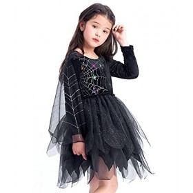 IKALI Costume de sorcière noire filles araignée Tutu robe Halloween tenue maléfique déguisement magique