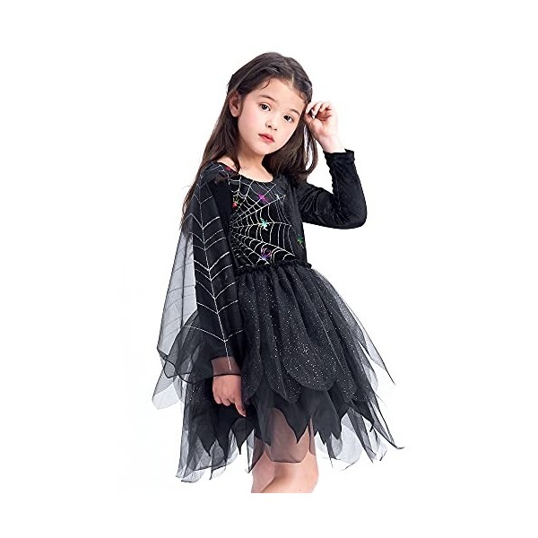 IKALI Costume de sorcière noire filles araignée Tutu robe Halloween tenue maléfique déguisement magique