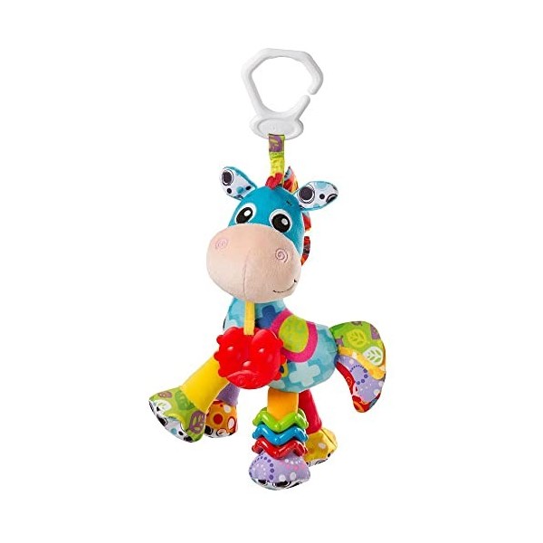 Playgro Peluche dActivités Cheval Clip Clop, Jouet pour Poussette, Dès la naissance, Bleu/Multicolore, 40182