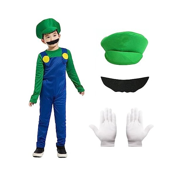 Formemory Deguisement Mario et Luigi Enfant, Super Plombier Cosplay Costumes, Ensemble de Mario Avec Chapeaux Fausses Barbes 