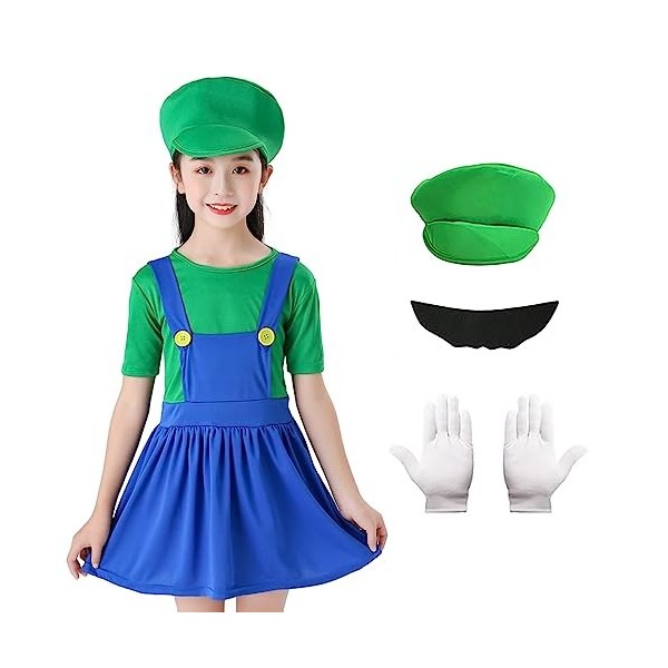 Formemory Deguisement Mario et Luigi Enfant, Super Plombier Cosplay Costumes, Ensemble de Mario Avec Chapeaux Fausses Barbes 