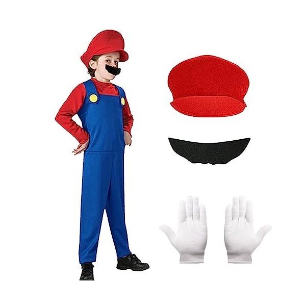 Formemory Deguisement Mario et Luigi Enfant, Super Plombier Cosplay Costumes, Ensemble de Mario Avec Chapeaux Fausses Barbes 