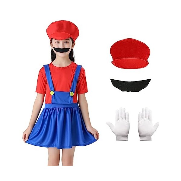 Formemory Deguisement Mario et Luigi Enfant, Super Plombier Cosplay Costumes, Ensemble de Mario Avec Chapeaux Fausses Barbes 