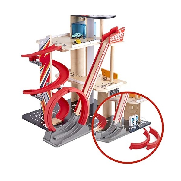 Jouet Hape Garage Voiture en Bois - Garage de Cascadeur à Piste Tournante - Circuit Voiture sur 3 Niveaux - Ascenseur pour Vo